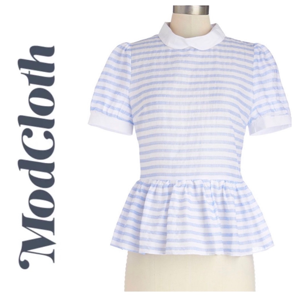 ModCloth blue and white striped blouse with peplum, Size S